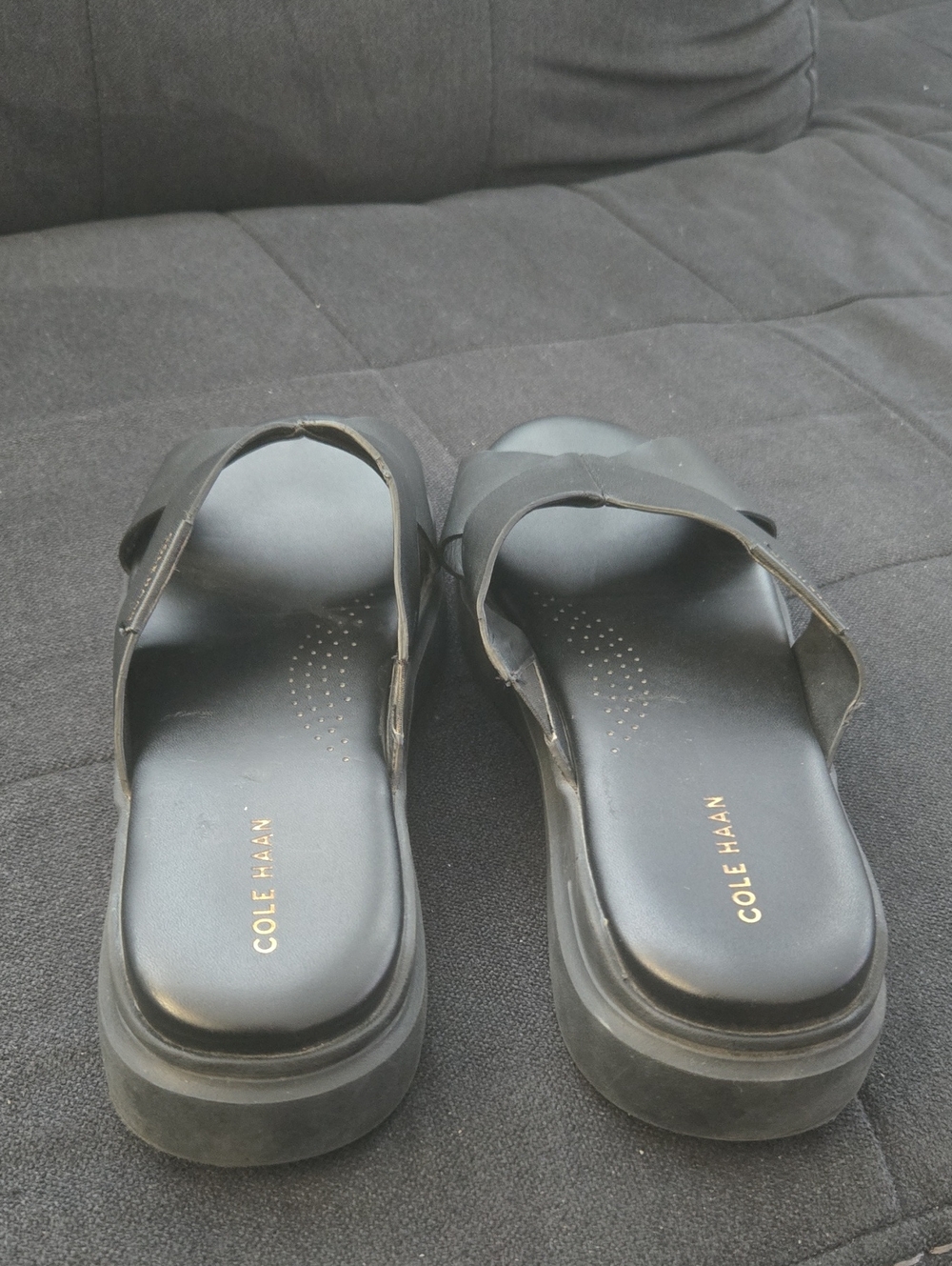 Cole Haan Black Leather Crossover Slide Sandals with Gold Accents - Picture 3 of 4